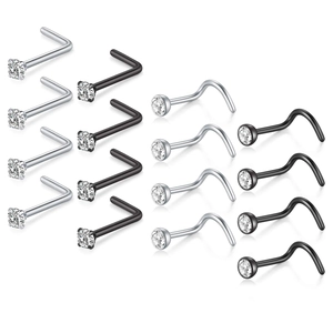 Lot de 18 piercings de nez en acier inoxydable argent et noir avec oxydes de zirconium