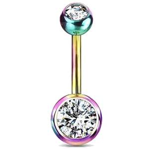 Nahaufnahme von regenbogenfarbenem Bauchnabelpiercing aus Edelstahl mit zwei Zirkonias