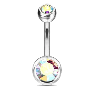 Polierter Bauchnabelpiercing aus Edelstahl mit zwei schillernden AB-Zirkonia Kristallen
