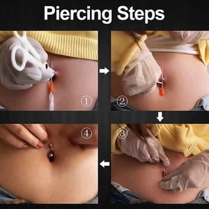 Professionele set van 50 wegwerppiercingnaalden met navelpiercing en tang getoond in stappen