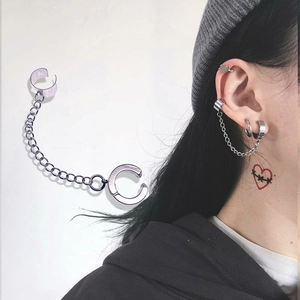 Silver stainless steel chain ear cuffs with dual C-shape clips for non-pierced ears