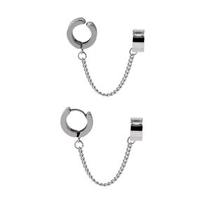 Punk silver stainless steel chain ear cuff set with clip-on and hoop earring designs