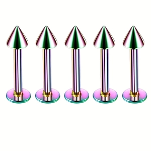 Set of 5 rainbow surgical steel lip studs with cone spikes and flat back bases