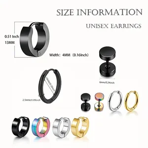 Set de 8 pares de pendientes unisex de acero inoxidable con aros y dimensiones