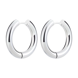 Polished silver stainless steel 4mm hoop earrings with hinge closure on white background
