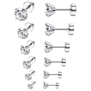 Lot de six boucles d'oreilles en acier inoxydable avec zircons ronds de tailles variées