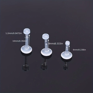 30-piece set of transparent acrylic labret studs in 6mm, 8mm, and 10mm lengths