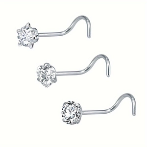 Lot de 3 piercings de nez en acier inoxydable avec zircons cœur, étoile et rond, forme L