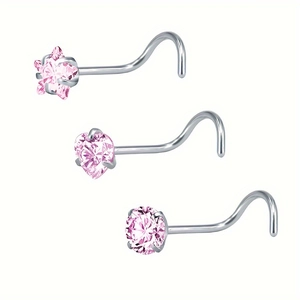 Lot de trois piercings de nez en acier inoxydable avec zircons roses en forme d'étoile et cœur