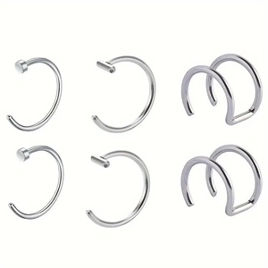 Set de 6 piercings para nariz y oreja en acero inoxidable plateado de tres estilos