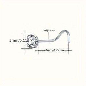 Clou de nez en L en acier inoxydable avec zircone de 3mm et dimensions de piercing 20G