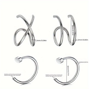 Set of 4 stainless steel nose rings and ear clips with detailed size specifications