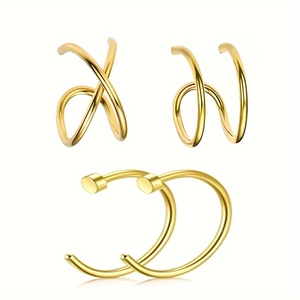 Detail view of 3-piece gold-plated non-piercing ear cuff set with minimalist designs
