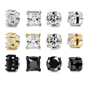 Round And Square Stainless Steel Magnetic Stud Earrings Set With Zircon Geometric Non-Pierced Jewelry For Men Women