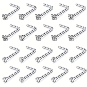 Stainless Steel Nose Studs With Zirconia Inlaid L Shape And Curved Bar Body Piercing Jewelry For Men Women Daily Use Silver Tone