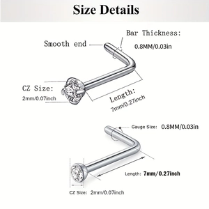 Set of 20G stainless steel L-shaped nose studs with 2mm cubic zirconia crystals