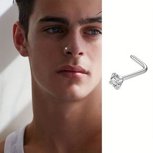 L-shaped stainless steel nose stud with round clear zircon stone in prong setting