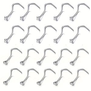 Set of 20 stainless steel nose studs with square and round cubic zirconia in silver