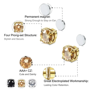 Detail showing strong magnetic back and champagne CZ inlay on stainless steel stud earrings