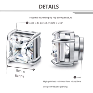 Square silver magnetic stud earrings with white cubic zirconia and stainless steel finish