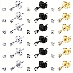 Minimalist Stainless Steel Stud Earrings Set With Round Cubic Zirconia CZ Inlaid For Men Women Gold Silver Black Earrings Jewelry Gift