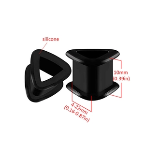 Macro view of black silicone triangle ear tunnels with size measurements of 4-22mm