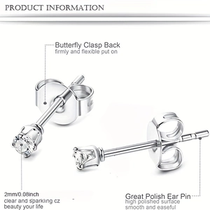 Polished silver stainless steel stud earrings with 2mm round cubic zirconia inlay