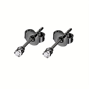 Detail of black stainless steel stud earrings with round clear zircon and butterfly backs