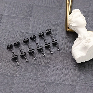 Set of 6 pairs of black stainless steel stud earrings with round cubic zirconia stones