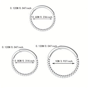 Roestvrijstalen gedraaide neusringen en oorringen in maten 6mm, 8mm en 10mm breedte