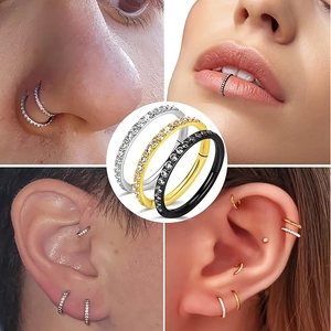 Aros clicker de acero 316L con circonitas en plata, oro y negro para nariz y oreja