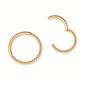 Detail van goudkleurige roestvrijstalen clickerring met half gedraaid touwmotief