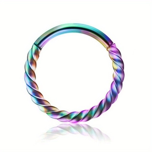 Rainbow iridescent twisted stainless steel hinged segment ring for piercings