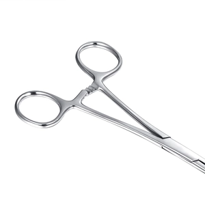 Detailed close-up of a stainless steel hemostat clamp with locking mechanism handle
