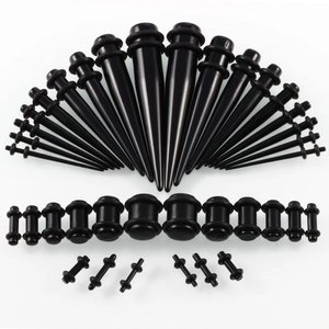 Black acrylic ear stretching kit with tapers and plugs in multiple sizes for body piercing