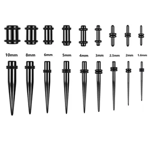 Black acrylic ear stretching kit with tapers and plugs in sizes from 1.6mm up to 10mm