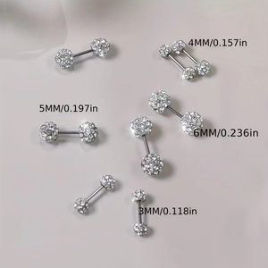 Silver stainless steel barbell earrings with multi-size crystal balls 3mm to 6mm