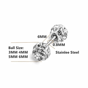 Barbell stainless steel earrings with white crystal balls in four different sizes