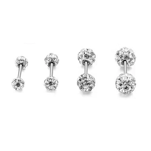 Set of four stainless steel crystal Shamballa barbell earrings in various sizes