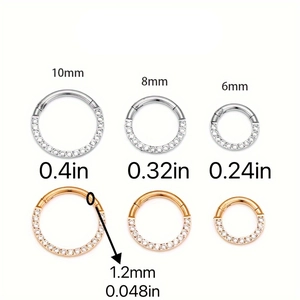 Surgical 316L steel nose rings with zircon in silver and rose gold, sizes 6mm to 10mm