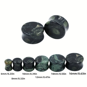 Green stone ear plugs set with saddle design from 6mm to 16mm on white background