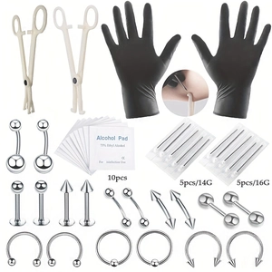 Professional Body Piercing Kit Stainless Steel Navel Nose Lip Ring Set With Needles Clamps Gloves And Alcohol Pads Silver
