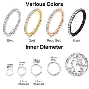 Size guide for stainless steel 316L nose rings with cubic zirconia in four colors