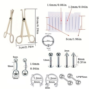Complete 42-piece silver stainless steel body piercing kit with tools, needles, and jewelry