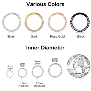 Stainless steel hinged nose rings with zircon in silver, gold, rose gold and black colors