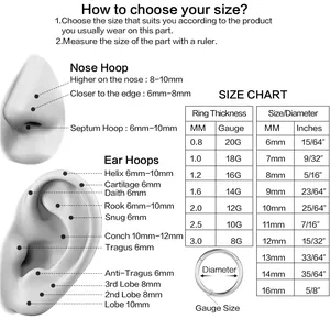 Size guide for 316L stainless steel nose and ear piercing hoops with gauge measurements