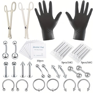 42-piece stainless steel body piercing kit with needles, jewelry, clamps, and gloves