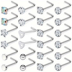 24-teiliges Set silberner Nasenstecker aus Edelstahl mit Zirkonia und Opal in L-Form