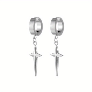 Close-up of silver stainless steel hoop earrings with hanging four-pointed star pendants