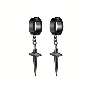 Pair of minimalist black stainless steel hoop earrings with four-pointed star pendant